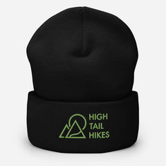 black cuffed beanie with green high tail hikes logo