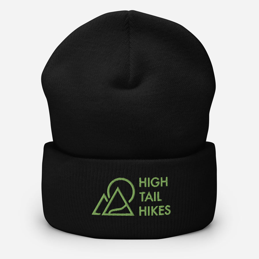 black cuffed beanie with green high tail hikes logo