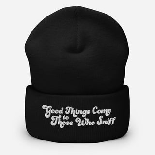 Cuffed Black Beanie with Embroidered Text "Good Things Come to Those Who Sniff"