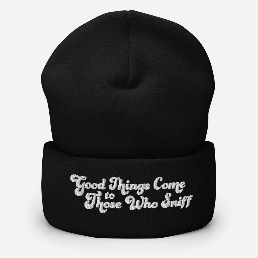 Cuffed Black Beanie with Embroidered Text "Good Things Come to Those Who Sniff"