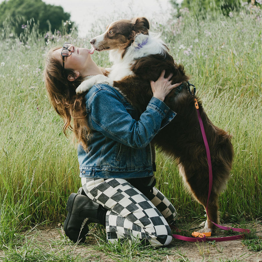 Woman hugging a dog that is wearing a waterproof leash in a field of tall grass