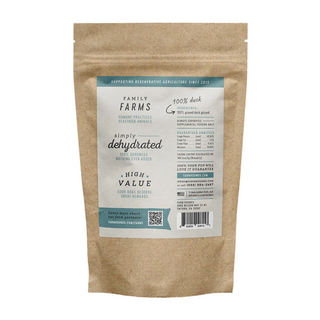 reverse of tan package showing ingredient list 100% duck