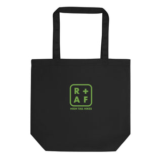 an image of a black eco tote bag with the graphic R+ AF embroidered in green on one side. 