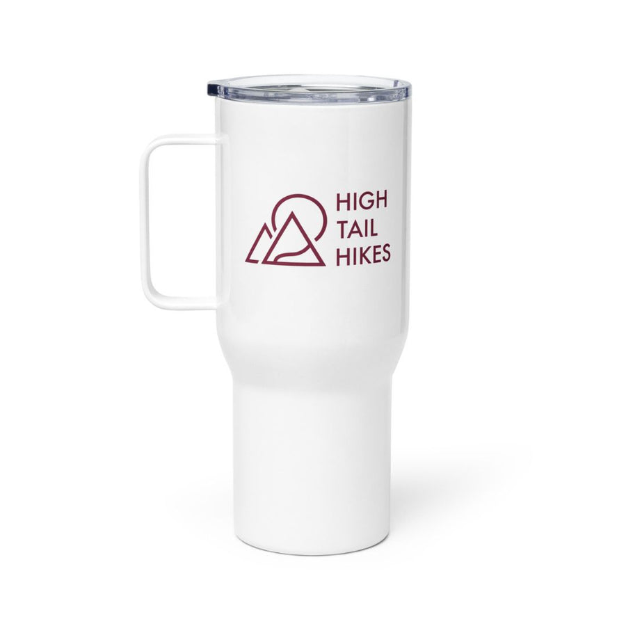 white travel mug with red High Tail Hikes logo - handle to the left