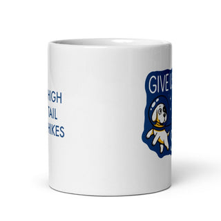 white ceramic mug side view - left has high tail hikes logo in blue, right side has the blue image of "Give Us Space"