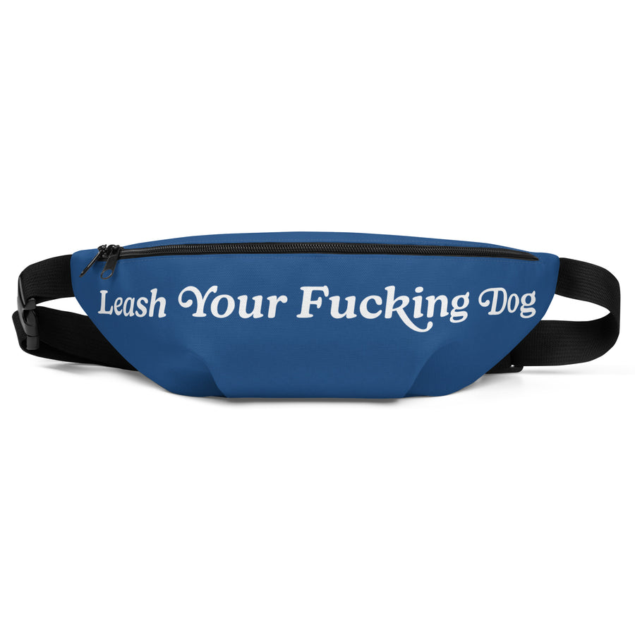 blue fanny pack with white letters that read "leash our Fing Dog"