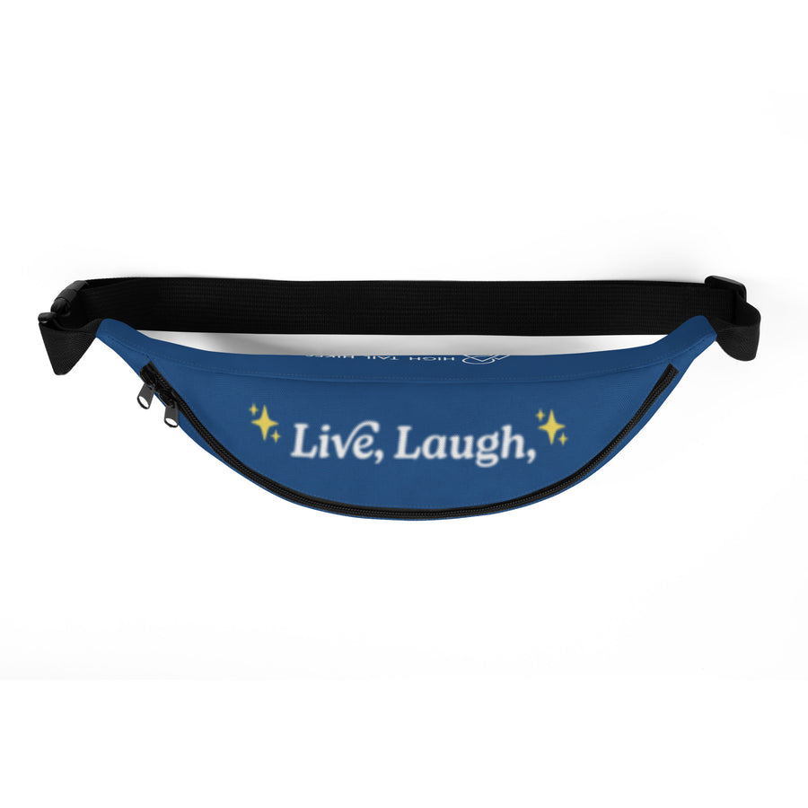 arial view of blue fanny pack that reads "Live, Laugh"