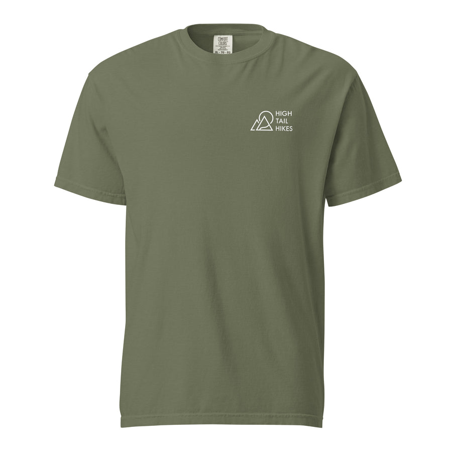 front of olive green unisex t-shirt with white high tail hikes logo in the left crest area