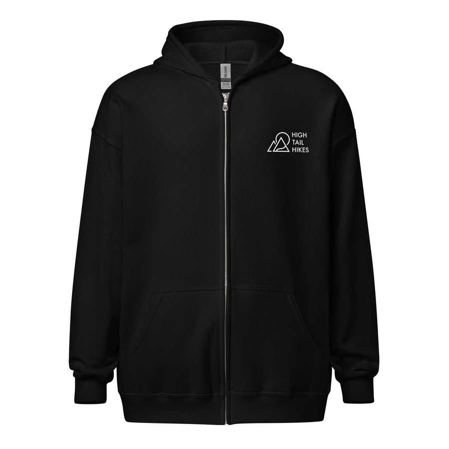 front of black zip up hoodie with white high tail hikes logo on the left chest area