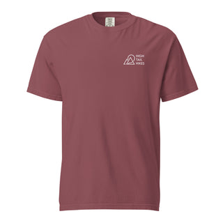 front of brick colored unisex t-shirt that has a white high tail hikes logo in the front left chest area
