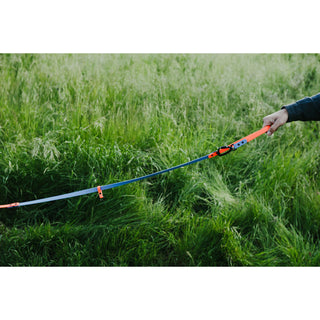 Person holding a long, colorful waterproof leash in a grassy field