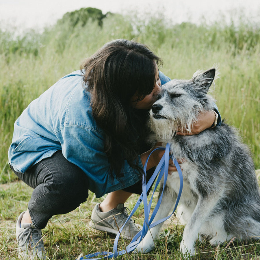 Woman hugging a grey dog holding a biothane leash in a grassy field