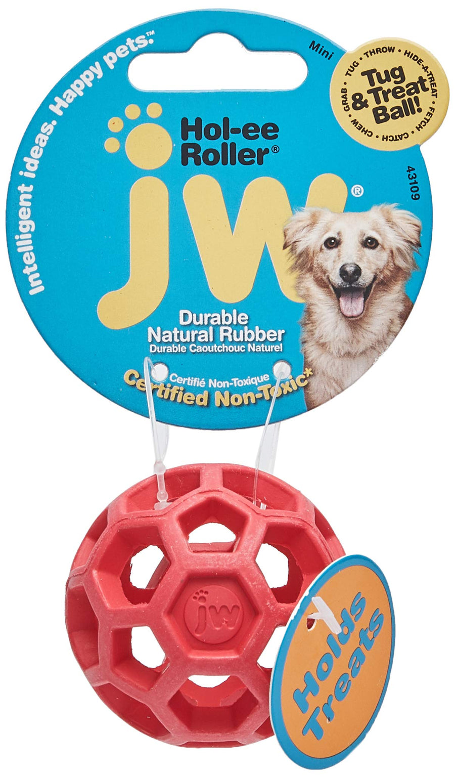 red rubber treat ball dispenser on white background hanging from yellow and blue product tag