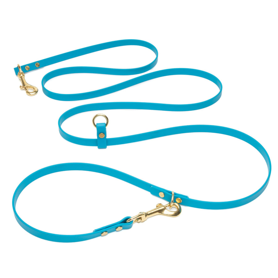 teal waterproof hands free dog leash with brass hardware on white background