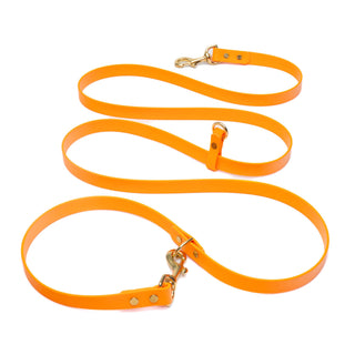 Orange hands free biothane waterproof dog leash with brass clasp on a white background