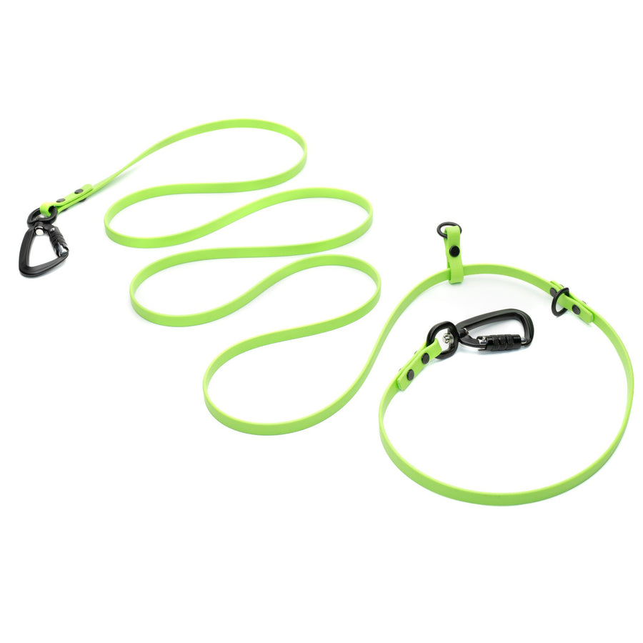 bright green waterproof biothane dog leash with black carabiner on a white background