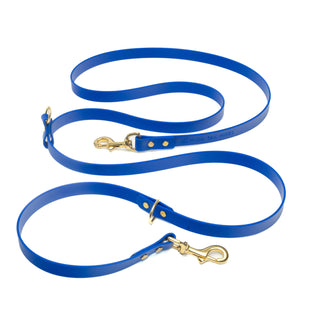 Blue waterproof biothane dog leash with brass clips on a white background