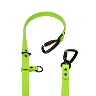 bright green waterproof biothane dog leash with black carabiner on a white background