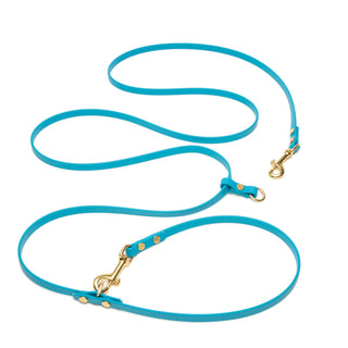teal waterproof hands free dog leash with brass hardware on white background