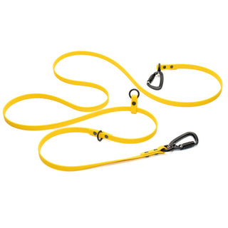 yellow waterproof dog leash showing black carabiner hands free hardware on white background