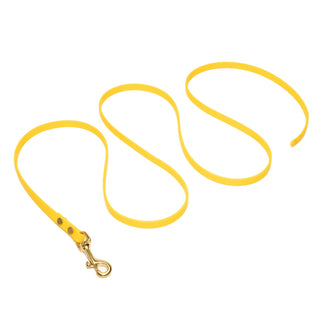 yellow biothane waterproof dog leash no handle brass hardware on a white background