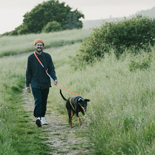 Man walking a dog on a waterproof hands free leash through a grassy field