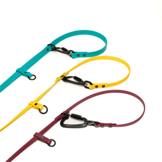 three biothane hands free dog leashes of various sizes on white background