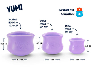 three sizes of west paw toppls in lavender with sizes listed