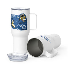 two white travel mugs with handle - blue graphic with dog and astronaut that reads "Give Us Space" on the left travel mug - the mug on the right is laying down to show the inside, lid in front of the mug - blue high tail hikes logo is peaking through the side