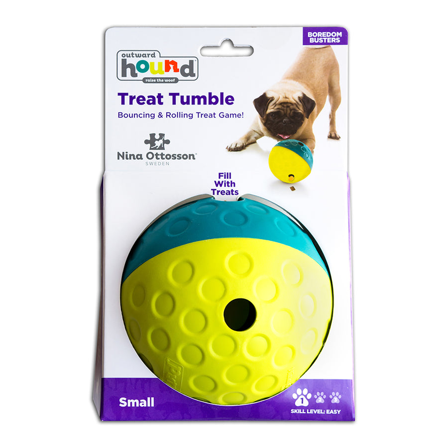 Teal and neon yellow treat dispenser tumble ball dog toy  in white and purple package