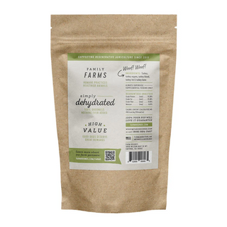 reverse side of tan treat package that reads Family Farms, simply dehydrated, high value