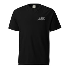 front of black unisex t-shirt that has a white High Tail Hikes logo on the left chest area