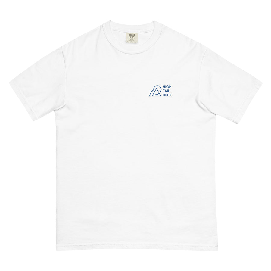 white unisex tee with blue High Tail Hikes logo on the left front chest area
