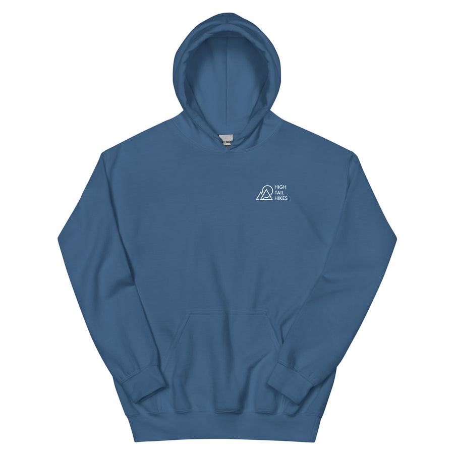 front of blue unisex hoodie - left chest area has white High Tail Hikes logo