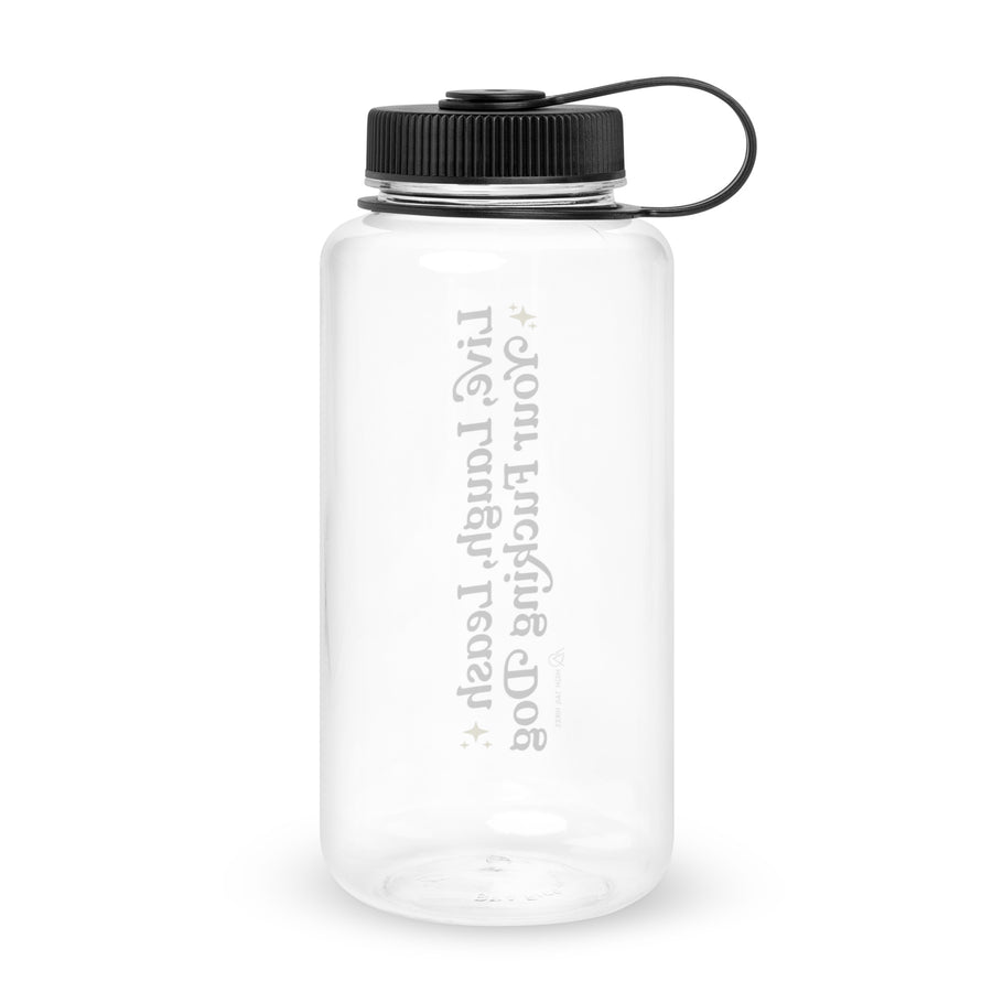 back view of clear water bottle, with black lid, you can faintly see where the other side reads "live, laugh, leash your f dog"