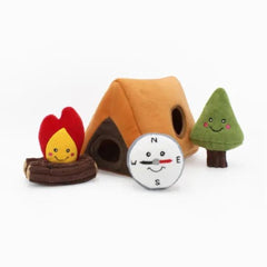a plush camping tent dog burrow toy with a plush fireplace, compass, and tree that fit inside the plush camping tent.