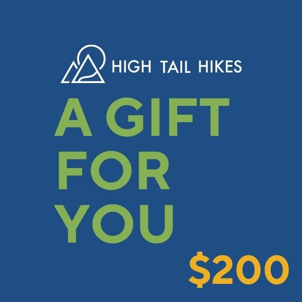 blue square with white high tail hikes logo and words in green saying "A Gift For You" $200