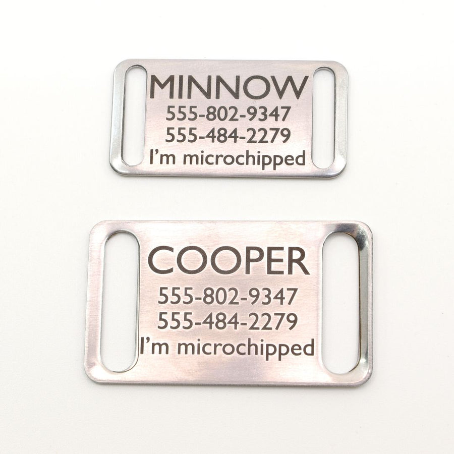 close up of two silver slide on dog ID tags in brass with the pets name, 2 phone numbers and note "I'm microchipped"