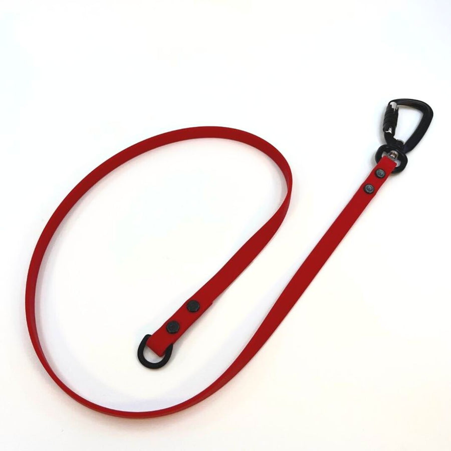 long red biothane leash extender with black sport hardware on a white back ground