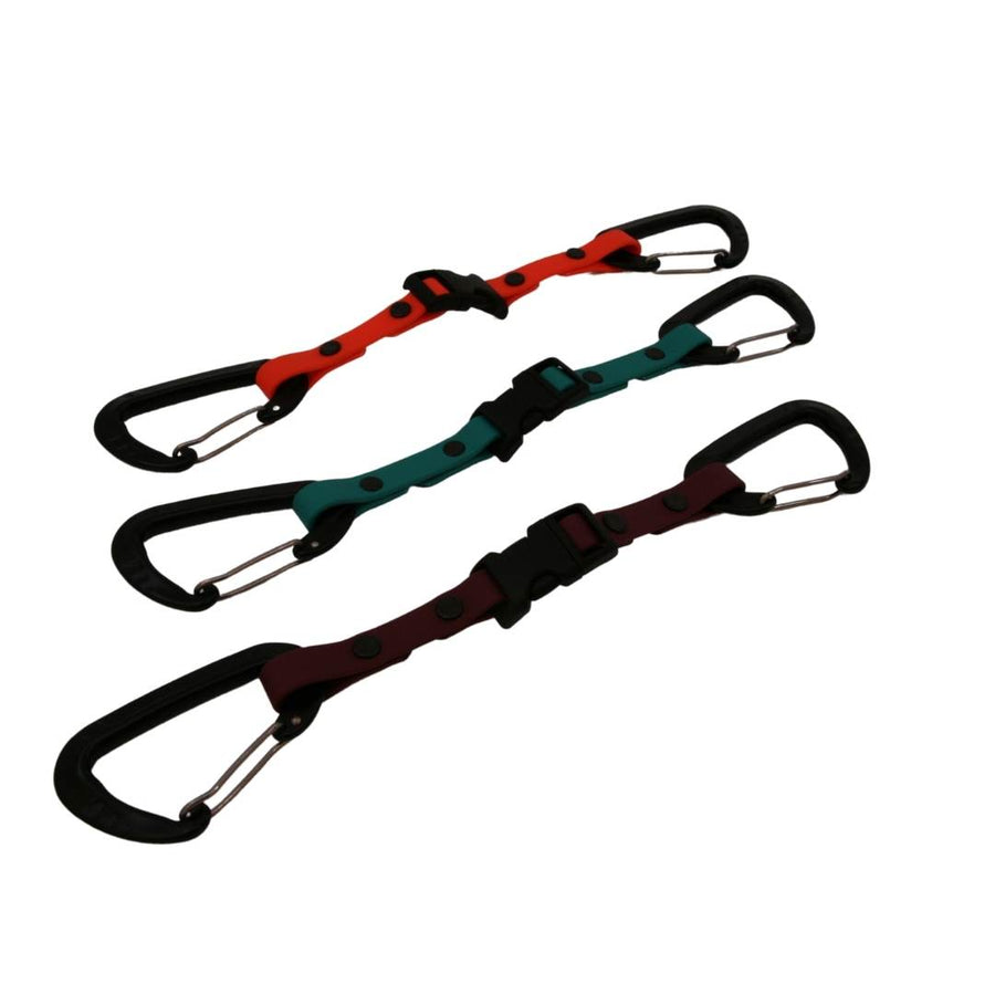 three different colored biothane waist to leash straps with sport hardware on a white background