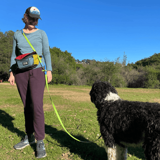 women smiling at dog in the grass wearing biothane crossbody hands free dog leash