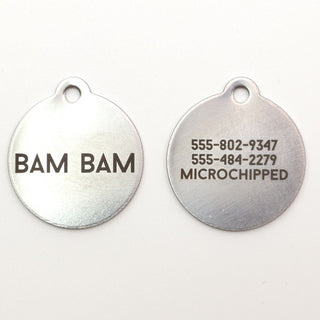 front and back of silver classic dog ID tags