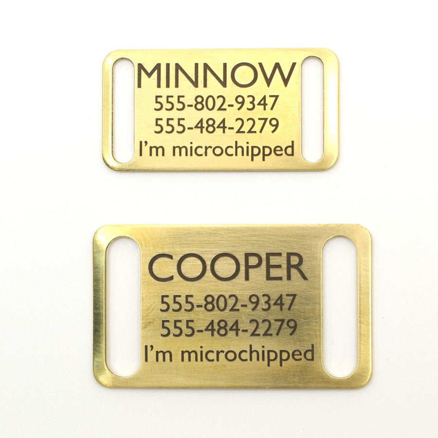 two brass slide on dog ID tags in brass with the pets name, 2 phone numbers and note "I'm microchipped"