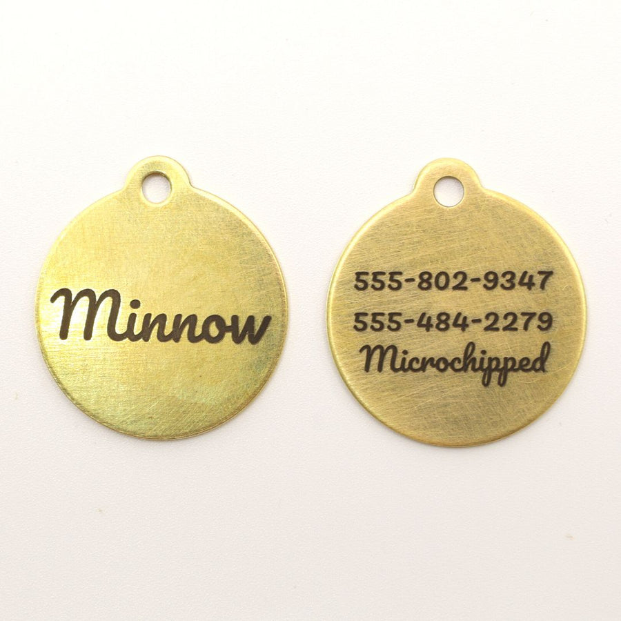 front and back of brass classic dog ID tags