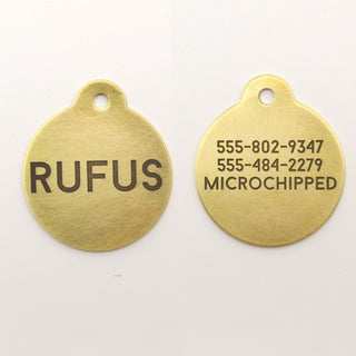 front and back of brass classic dog ID tags