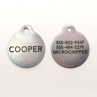 front and back of silver classic dog ID tags