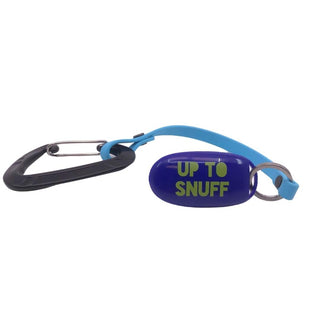 blue up to snuff clicker attached to light blue biothane extender with sport hardware