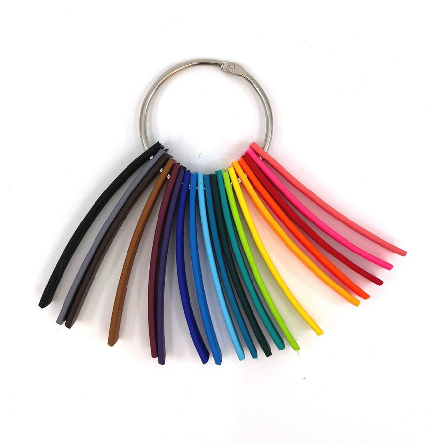 key ring holding a sample of each of the biothane colors on a white background