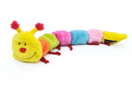 plush dog toy, caterpillar with yellow, orange, green, pink, and  blue