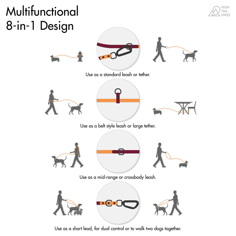 diagram of multifunctional 8 in 1 design on the biothane dog leash
